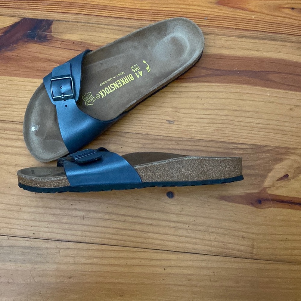 Birkenstock ladies sandals, metallic blue, adjustable buckle strap